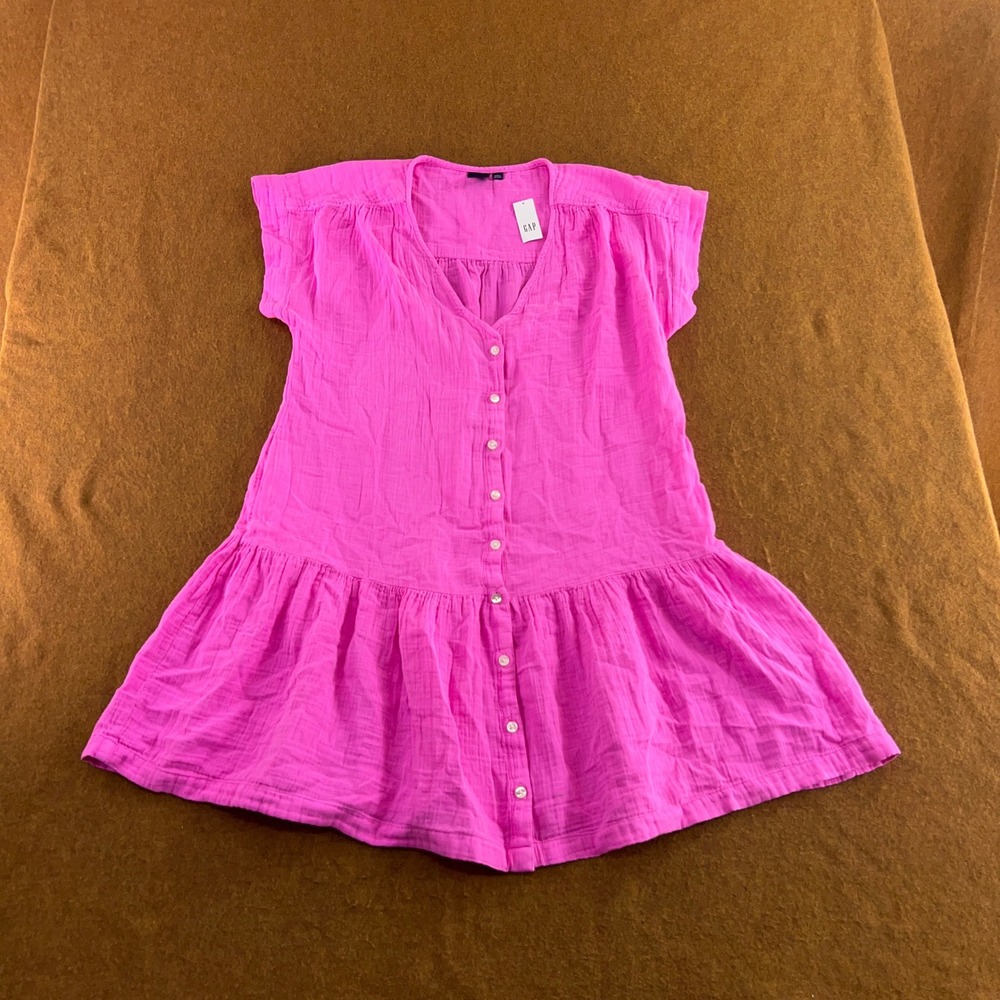 Gap Womens L Pink Gauze Button Front Ruffle Hem Babydoll Tunic Dress Top NWT